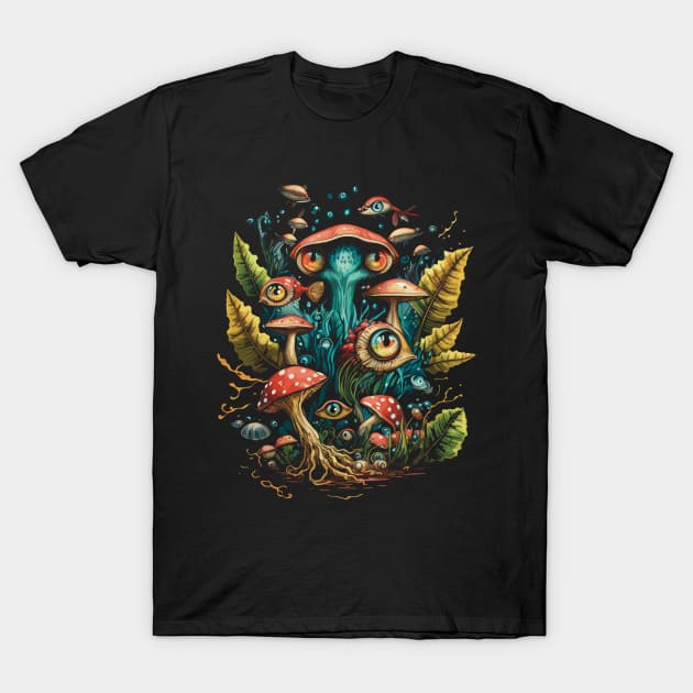 Psychedelic Mushrooms, Flying Fishes Surreal Trippy Nature T-Shirt by Apocatnipse Meow